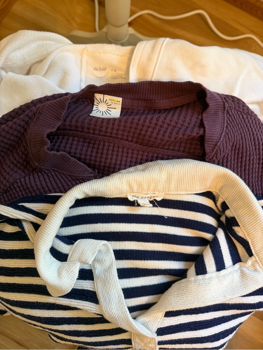 Lot of 3 Tops AE Plum Waffle-Knit & Navy Striped Crewneck & Cropped White Hoodie